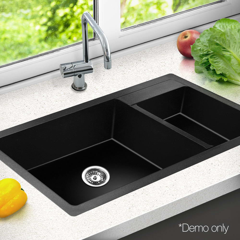 Cefito 860 x 500mm Granite Stone Double Sink - Black