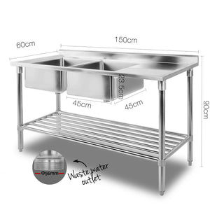 Cefito 150x60cm Commercial Stainless Steel Sink Kitchen Bench