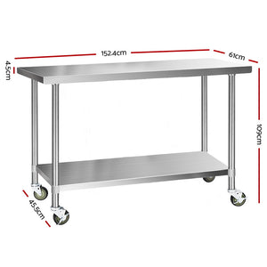 Cefito 304 Stainless Steel Kitchen Benches Work Bench Food Prep Table with Wheels 1524MM x 610MM