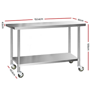 Cefito 430 Stainless Steel Kitchen Benches Work Bench Food Prep Table with Wheels 1524MM x 610MM