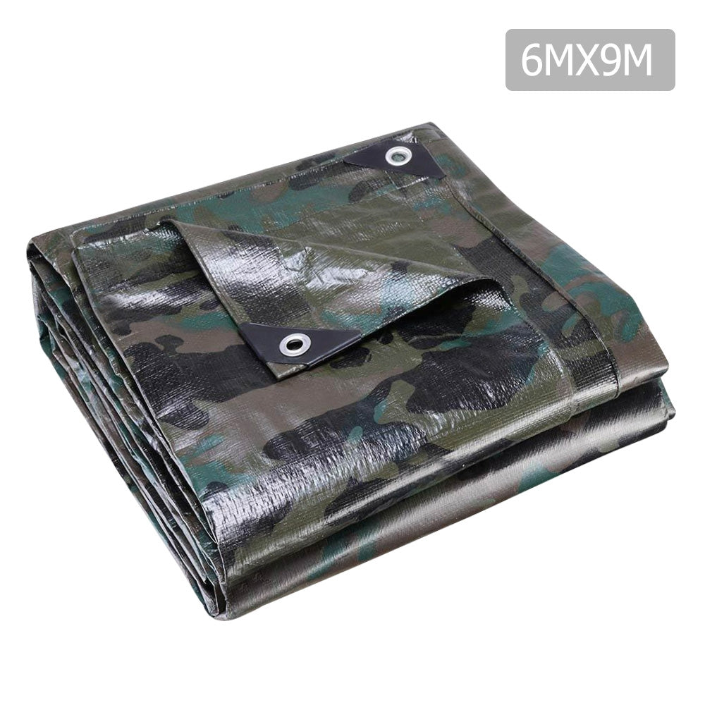 Instahut 6x9m Canvas Tarp Heavy Duty Camping Poly Tarps Tarpaulin Cover Camouflage