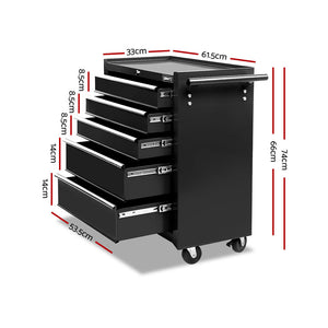 Giantz 5 Drawer Mechanic Tool Box Storage Trolley - Black