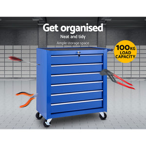 Giantz Tool Box Trolley Chest Cabinet 6 Drawers Cart Garage Toolbox Set Blue