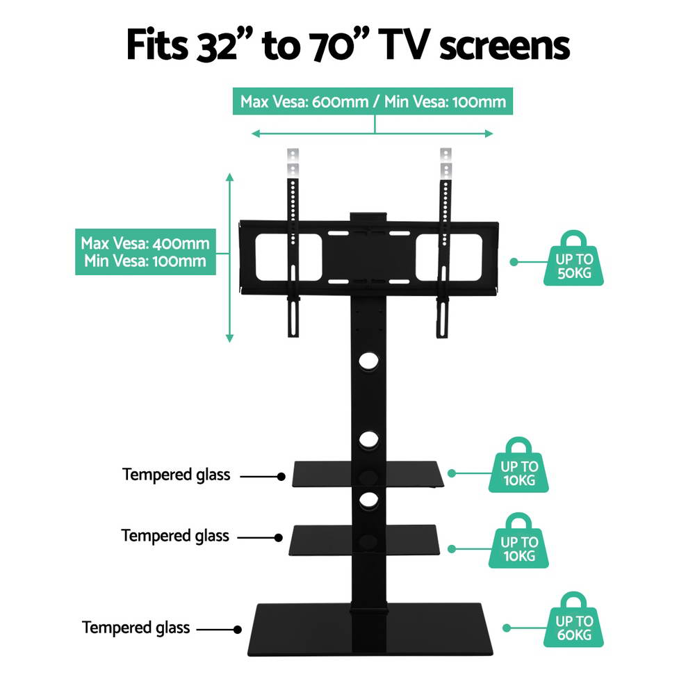 Artiss Floor TV Stand Brakcket Mount Swivel Height Adjustable 32 to 70 Inch Black