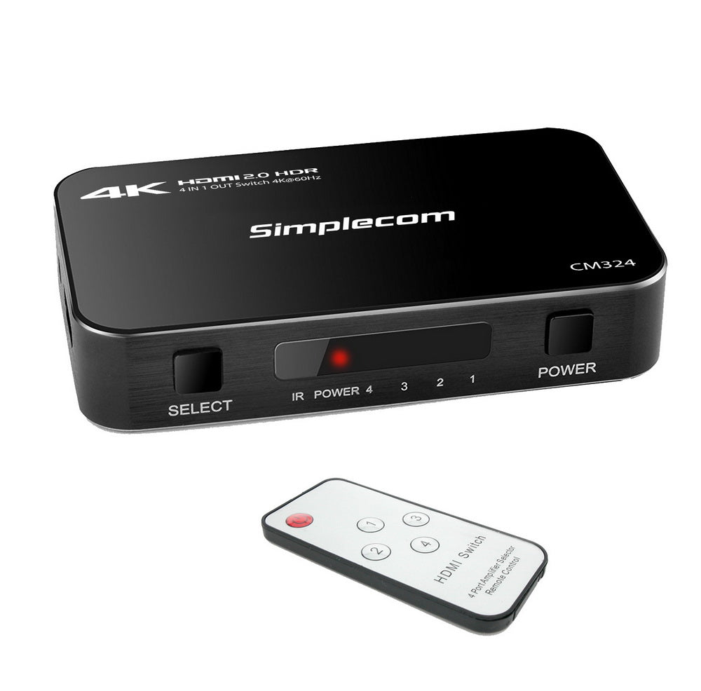 Simplecom CM324 4 Way HDMI 2.0 Switch with Remote 4 In 1 Out Splitter HDCP 2.2 4K @60Hz UHD HDR 