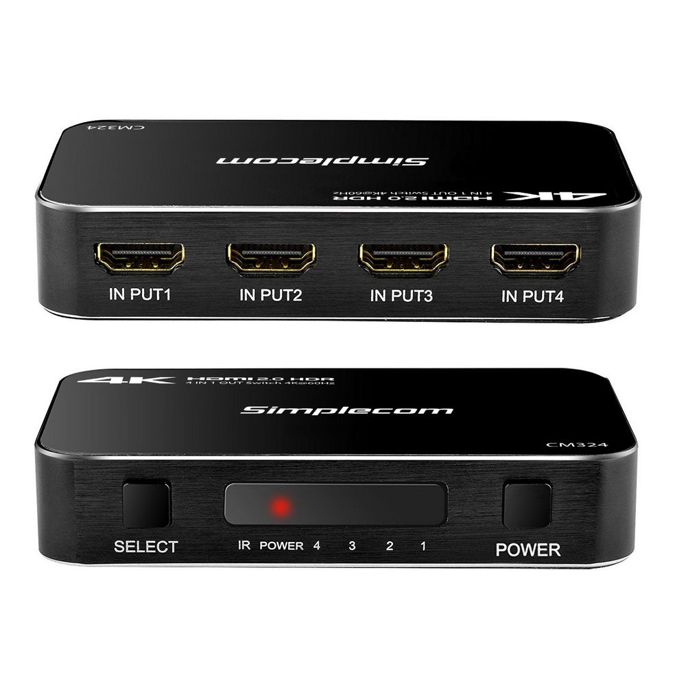 Simplecom CM324 4 Way HDMI 2.0 Switch with Remote 4 In 1 Out Splitter HDCP 2.2 4K @60Hz UHD HDR 