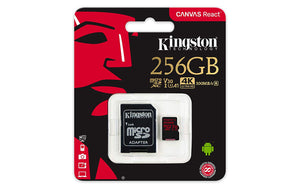 KINGSTON  Canvas React: MicroSD 256GB , 100MB/s read and 70MB/s write with SD adapter  SDCR/256GB