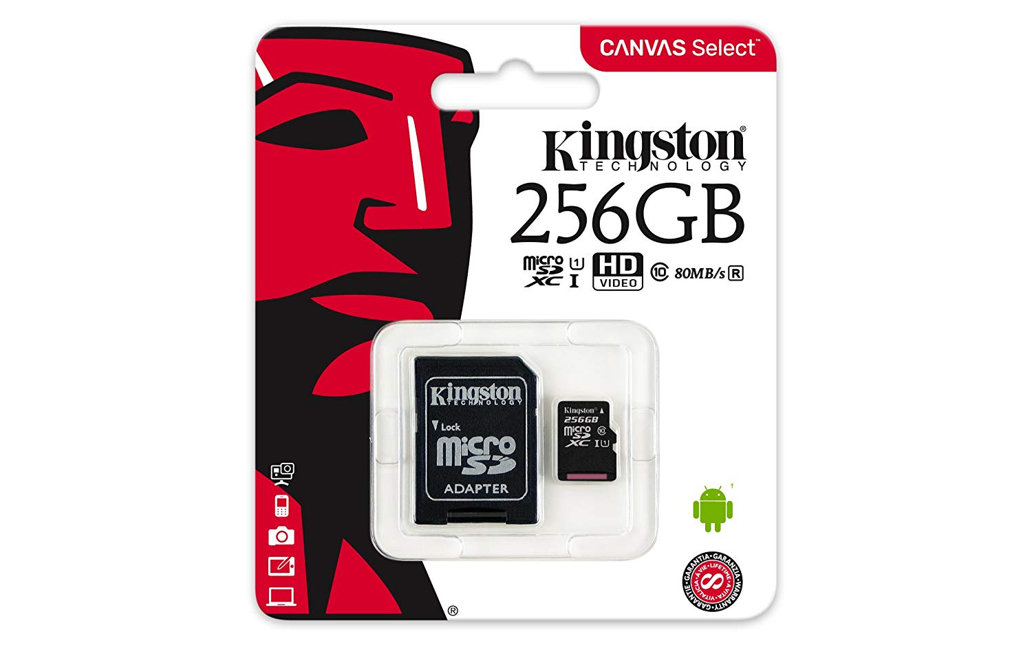 KINGSTON  Canvas Select:MicroSD 256GB , 80MB/s read and 10MB/s write with SD adapter SDCS/256GB