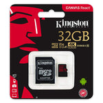 KINGSTON Canvas React: MicroSD 32GB , 100MB/s read and 70MB/s write with SD adapter  SDCR/32GB