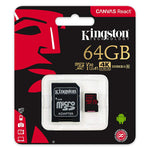 KINGSTON  Canvas React: MicroSD 64GB, 100MB/s read and 70MB/s write with SD adapter SDCR/64GB