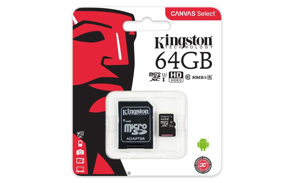 KINGSTON Canvas Select:MicroSD 64GB , 80MB/s read and 10MB/s write with SD adapter SDCS/64GB