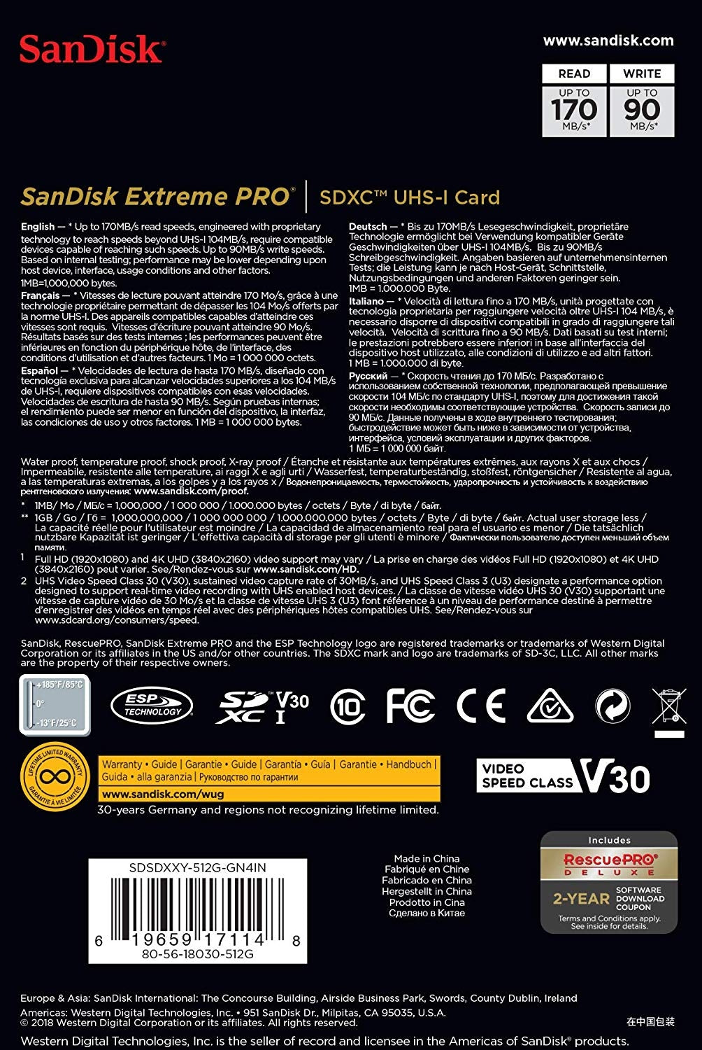 SANDISK SDSDXXY-512G-GNCIN SDXC Extreme Pro V30 4K/UHD UHS-I/U3 170MB