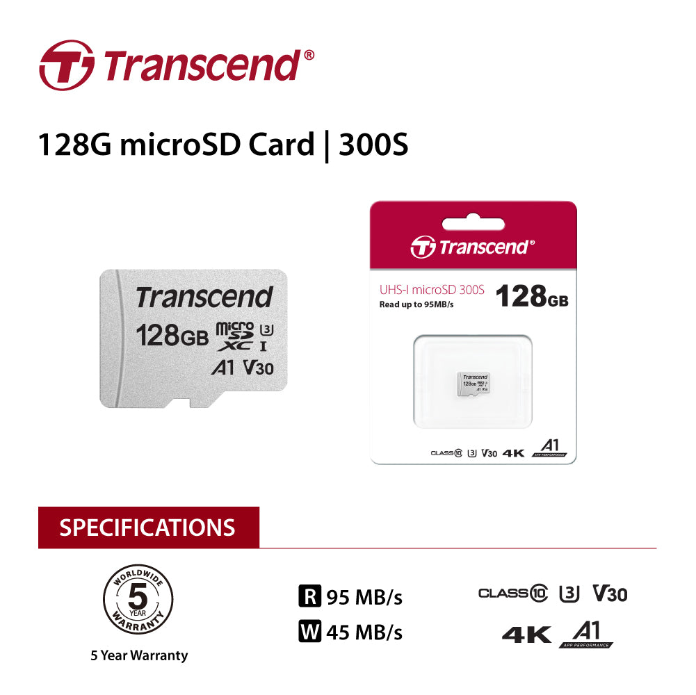 TRANSCEND TS128GUSD300S  128GB UHS-I U3A1 microSD w/o Adapter (microSDXC I, U3, V30, A1)