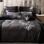 Super King Size Embroidered Bamboo Pattern Black Grey Quilt Cover Set (3PCS)