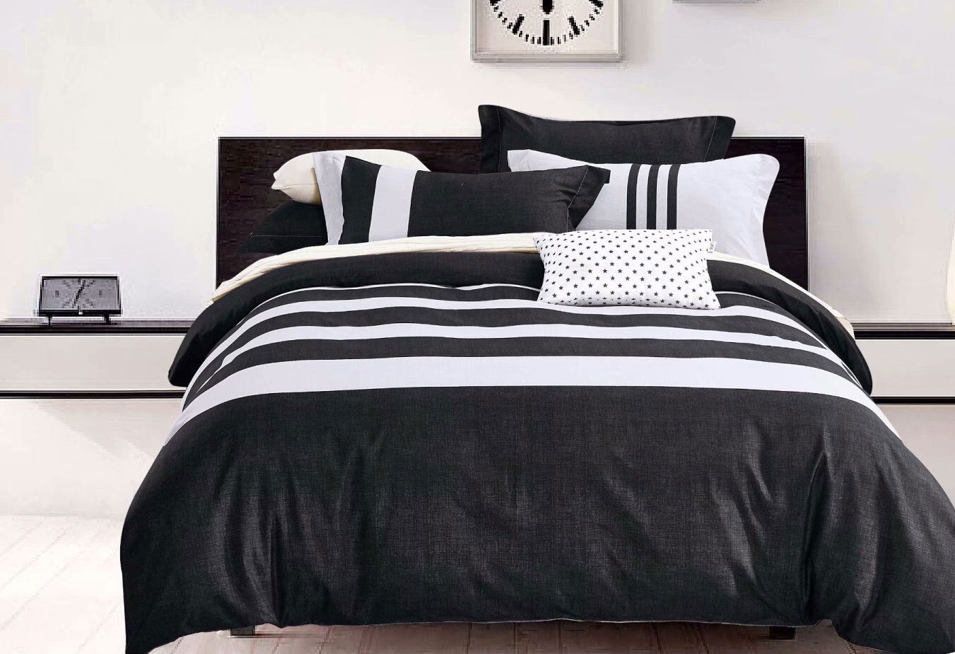 King Size 3pcs Black White Striped Quilt Cover Set