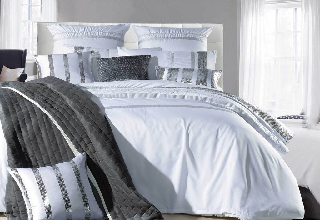 King Size White Striped Sequins Quilt Cover Set(3PCS)