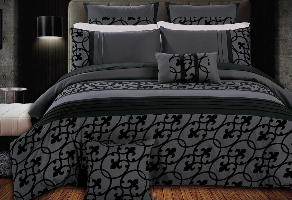 Queen Size Flocking Charcoal Black Quilt Cover Set (3PCS)