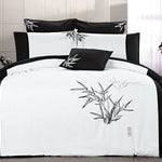 Queen Size Embroidered Bamboo Pattern White Quilt Cover Set (3PCS)