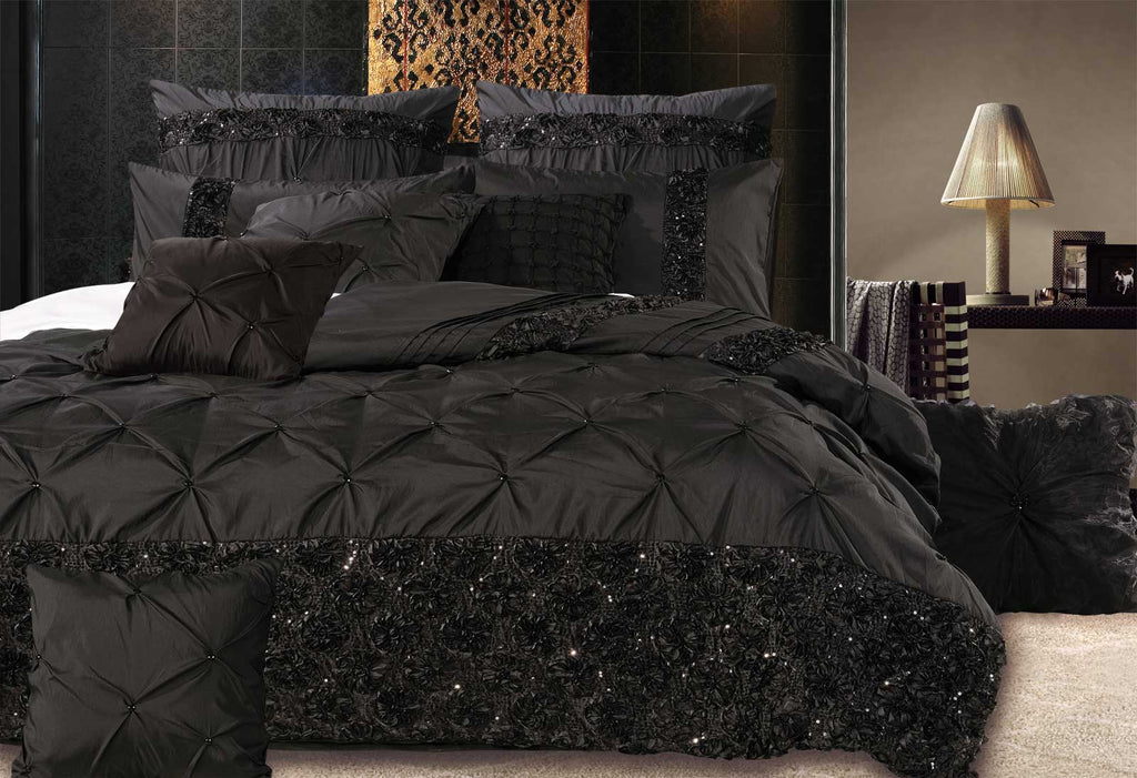 King Size Black Floral Sequins Quilt Cover Set(3PCS)