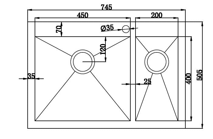 745x505mm Handmade Stainless Steel Topmount Kitchen Sink with Waste