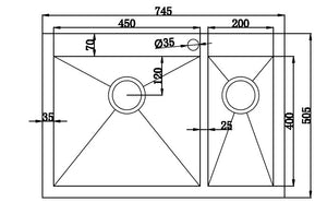 745x505mm Handmade Stainless Steel Topmount Kitchen Sink with Waste