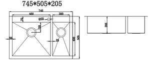 745x505mm Handmade Stainless Steel Topmount Kitchen Sink with Waste