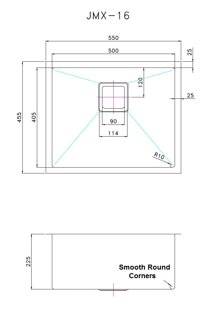 550x455mm Handmade 1.5mm Stainless Steel Undermount / Topmount Kitchen Sink with Square Waste