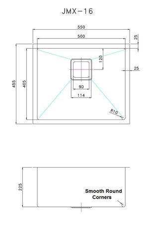 550x455mm Handmade 1.5mm Stainless Steel Undermount / Topmount Kitchen Sink with Square Waste