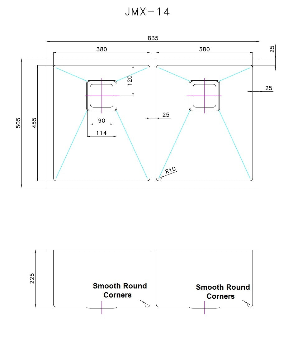 835x505mm Handmade 1.5mm Stainless Steel Undermount / Topmount Kitchen Sink with Square Waste