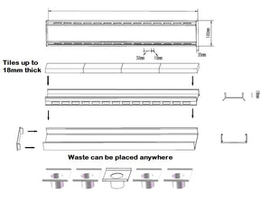 1800mm Aluminium Rust Proof Tile Insert Strip Shower Grate Drain Indoor Outdoor