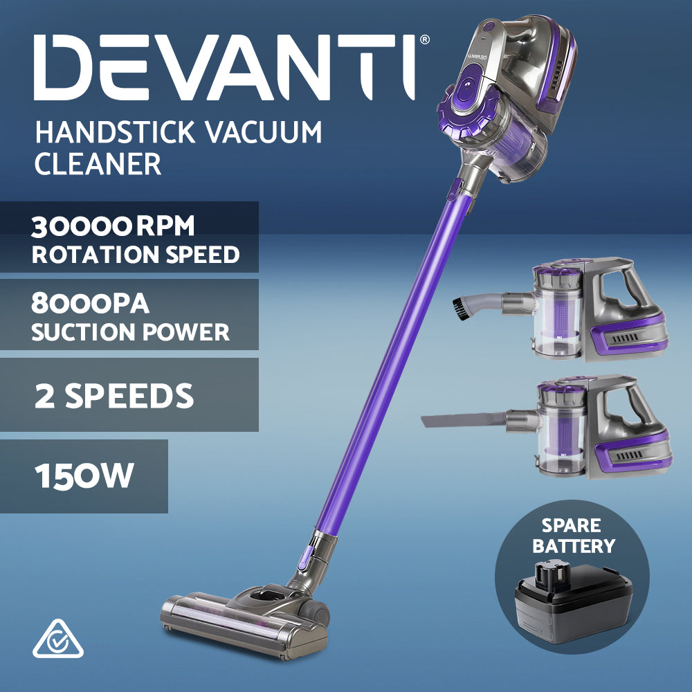 Devanti Handheld Vacuum Cleaner Cordless Stick Handstick Vac 2-Speed 150W with Spare Battery Purple