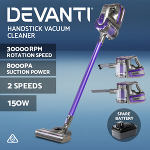 Devanti Handheld Vacuum Cleaner Cordless Stick Handstick Vac 2-Speed 150W with Spare Battery Purple