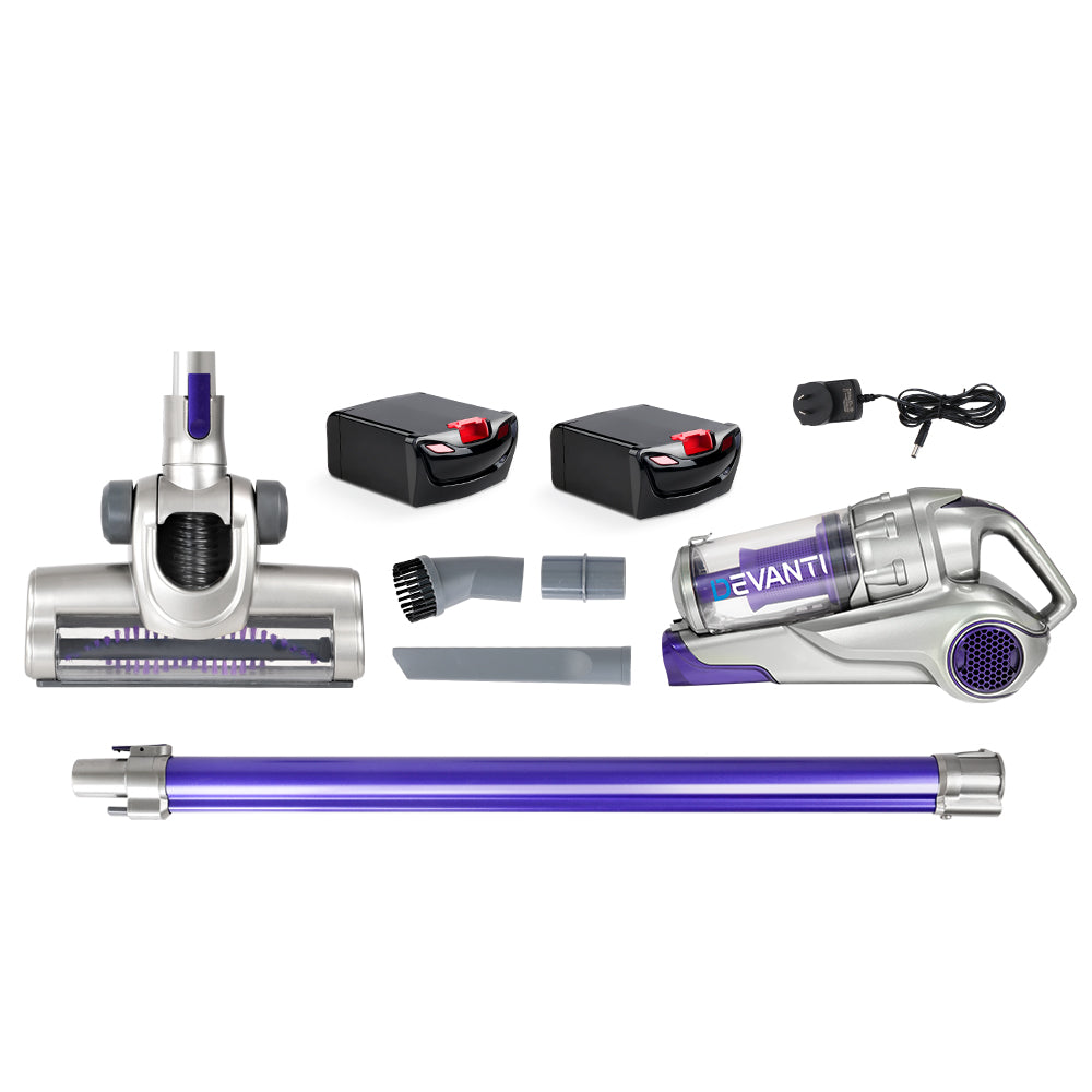 Devanti 120W Handstick Bagless Cordless Vacuum Cleaner Purple Grey with Spare Battery