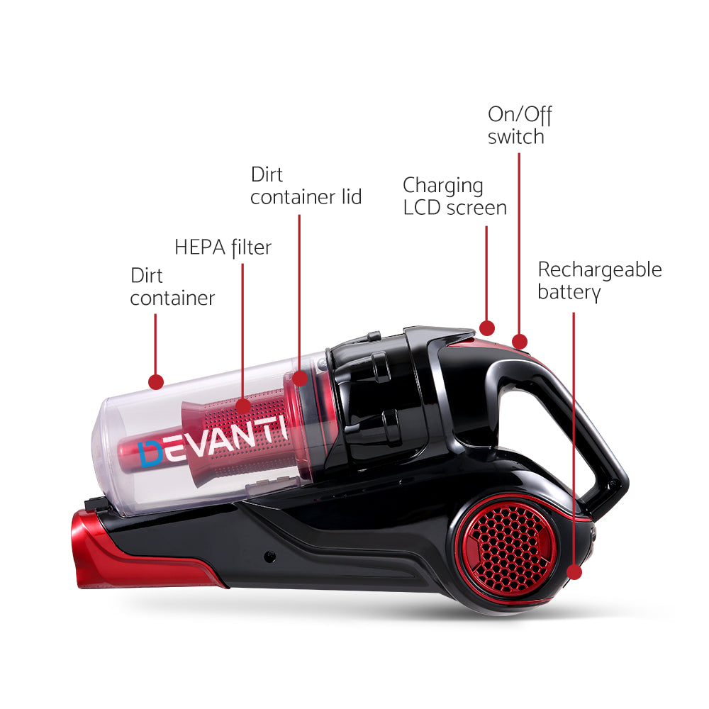 Devanti 120W Stick Handstick Cordless Vacuum Cleaner Red Black with Spare Battery