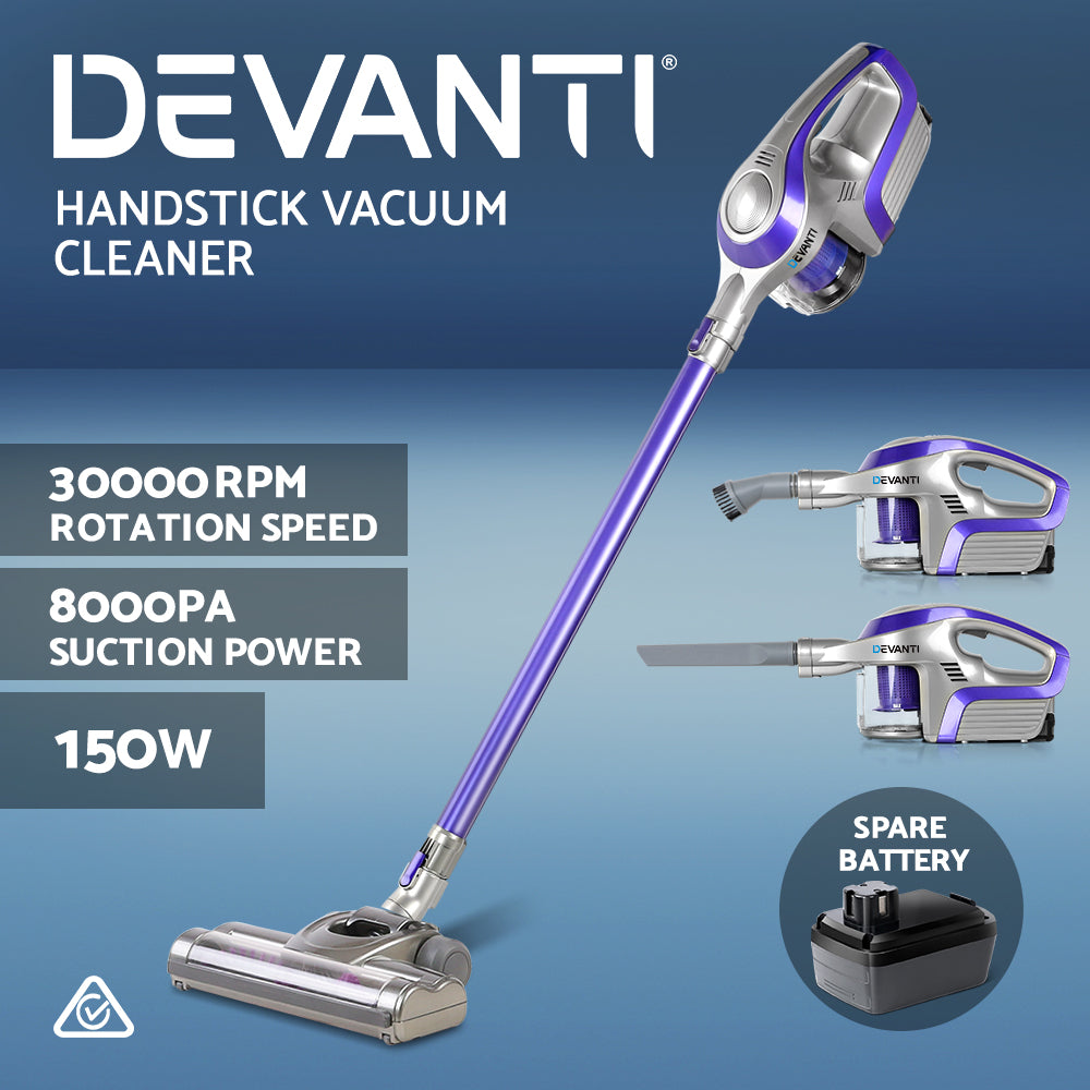 Devanti Handheld Vacuum Cleaner Cordless Stick Handstick Bagless Vac Spare Battery 150W Purple