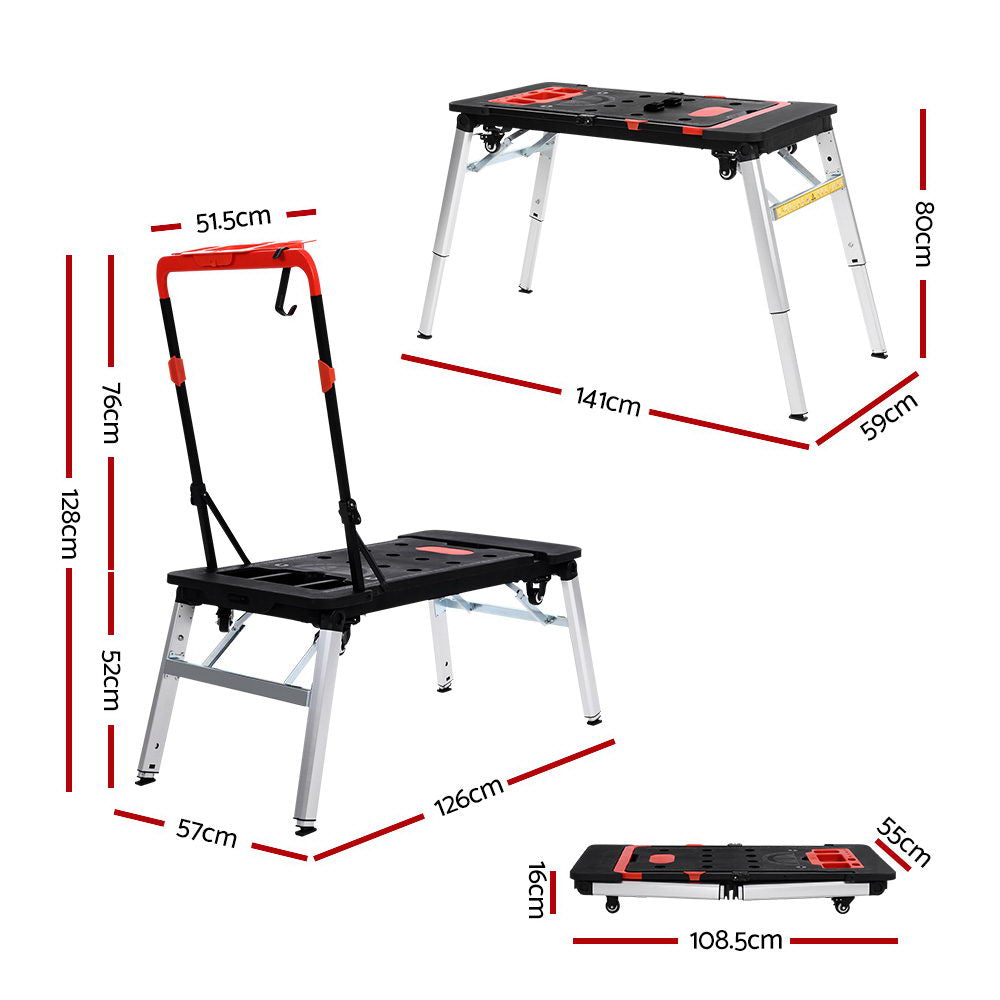 7in1 Work Bench Platform Station Workbench Hand Truck Trolley Sawhorse Creeper Black