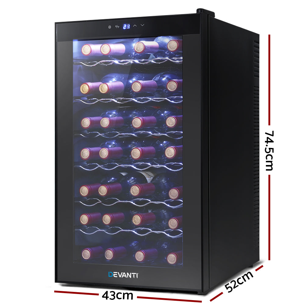 Devanti Wine Cooler 28 Bottles Glass Door Beverage Cooler Thermoelectric Fridge Black