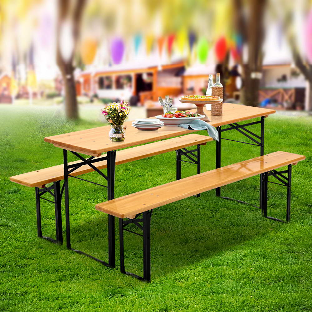 Artiss Wooden Outdoor Foldable Bench Set - Natural