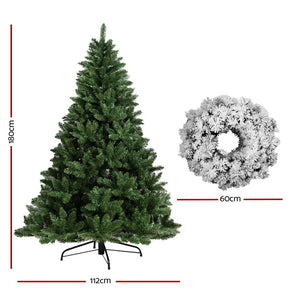 Jingle Jollys 6FT Christmas Tree Wreath 1.8M Xmas Decorations Green Home Decor 800 Tips Green Snowy