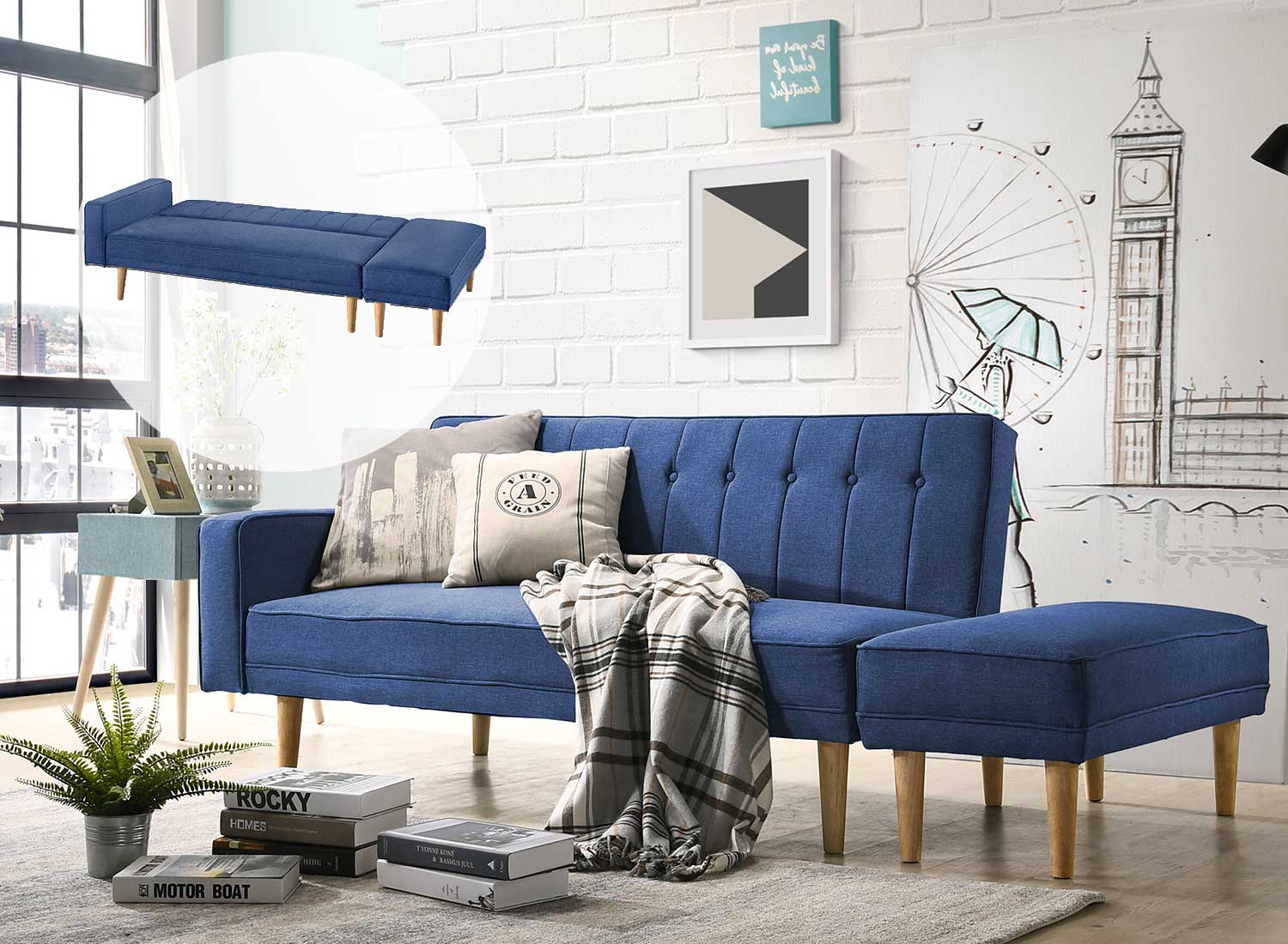 3 Seater Fabric Sofa Bed with Ottoman - Blue