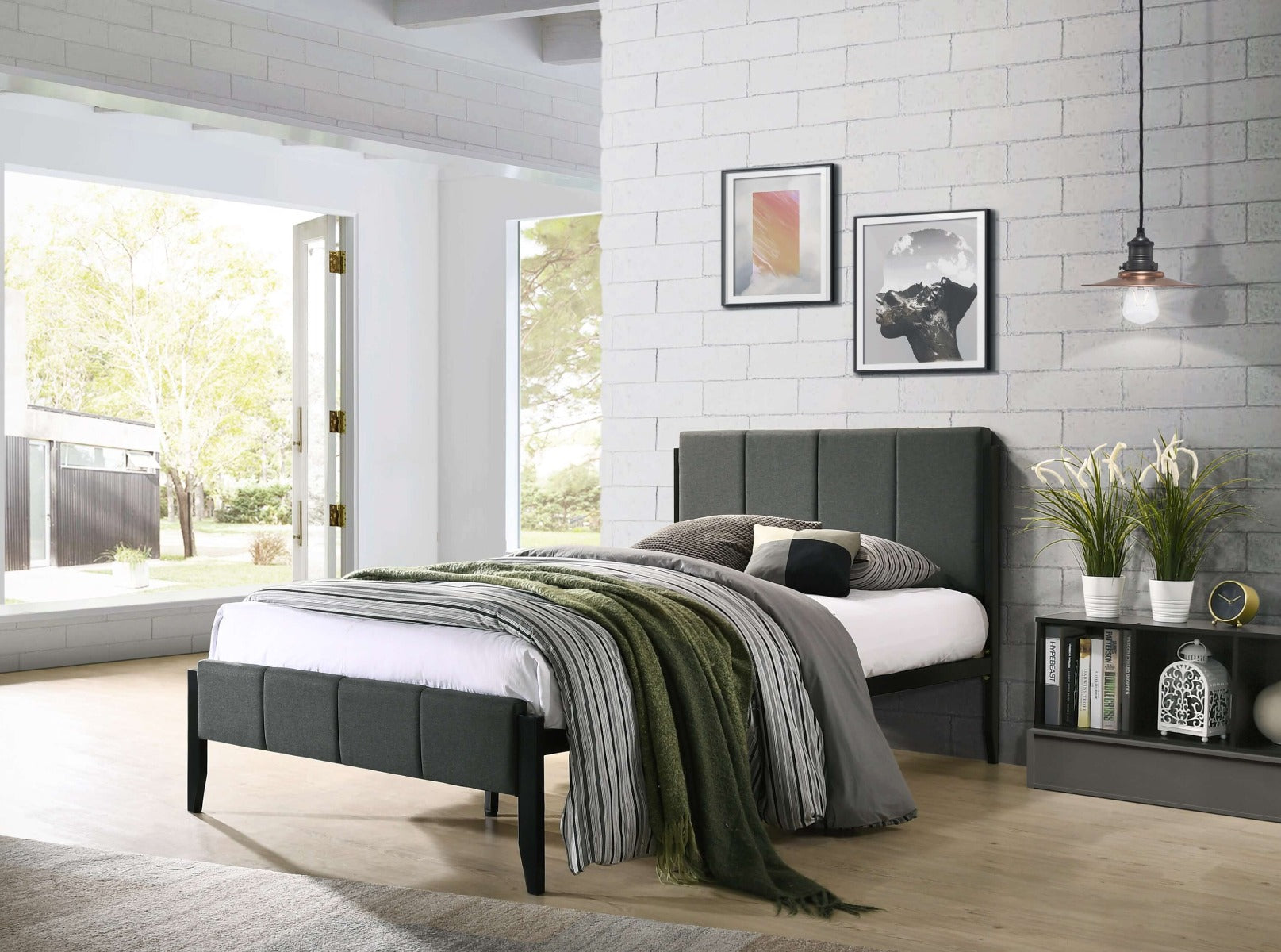 Fabric Upholstered Bed Frame in Charcoal - King Single