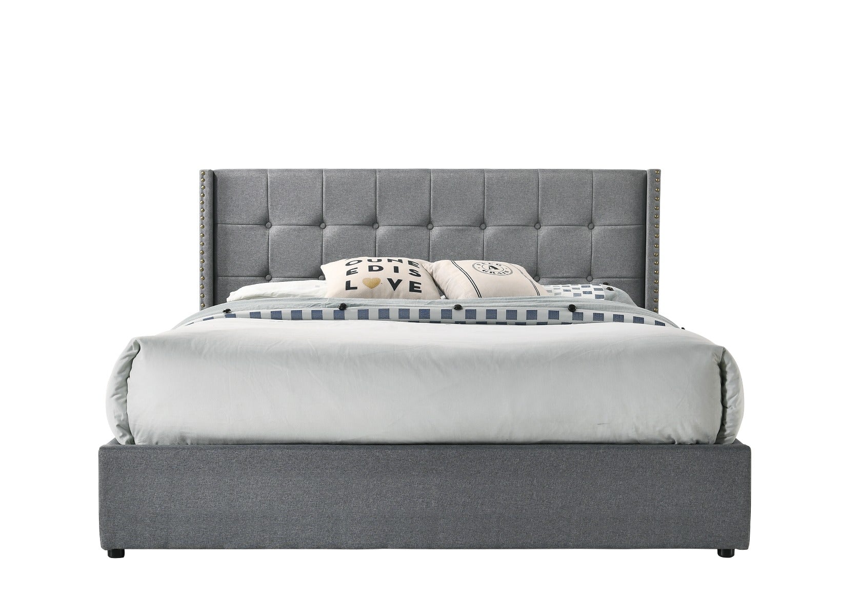 Double Sized Winged Fabric Bed Frame with Gas Lift Storage in Light Grey