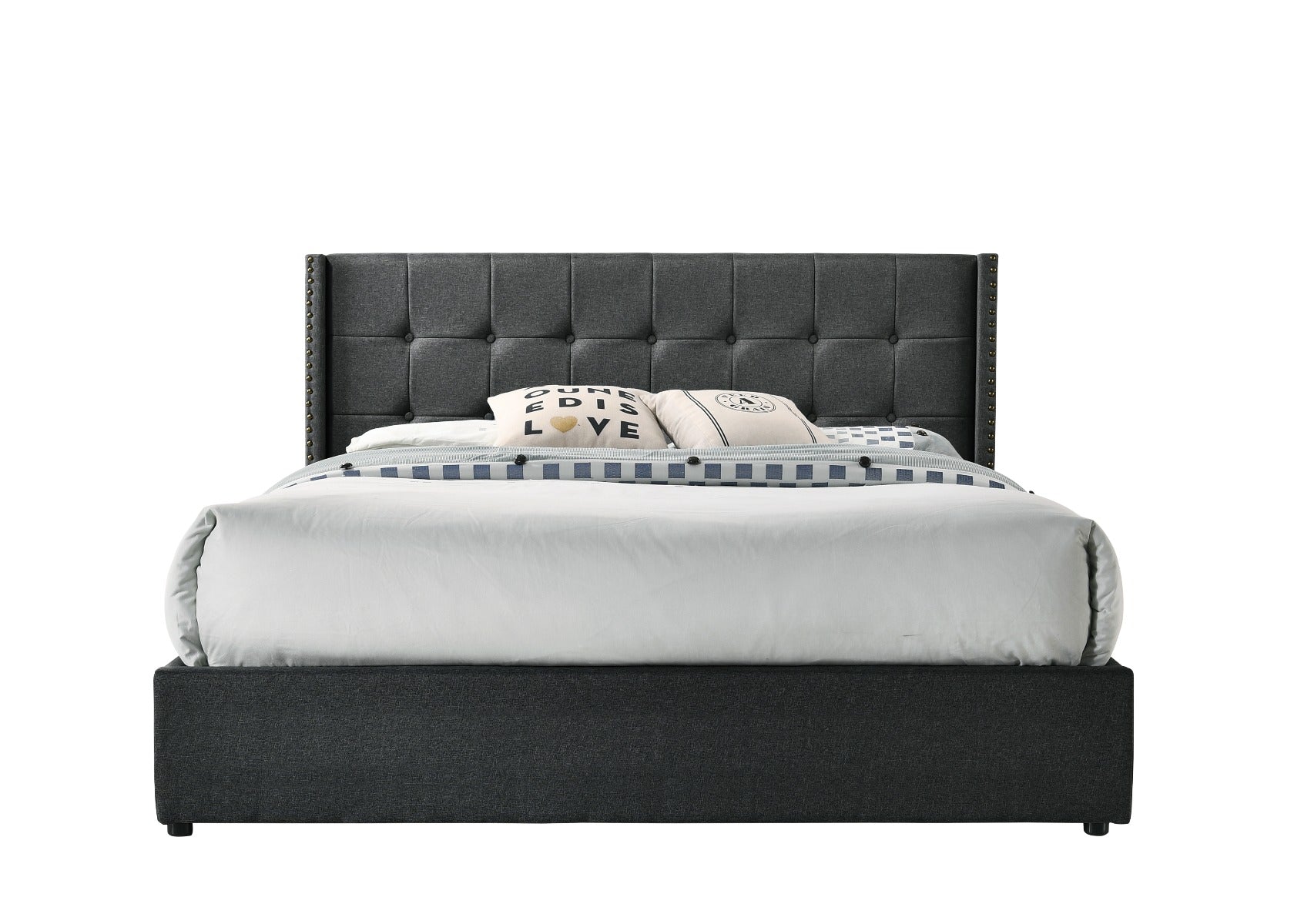 Double Sized Winged Fabric Bed Frame with Gas Lift Storage in Charcoal