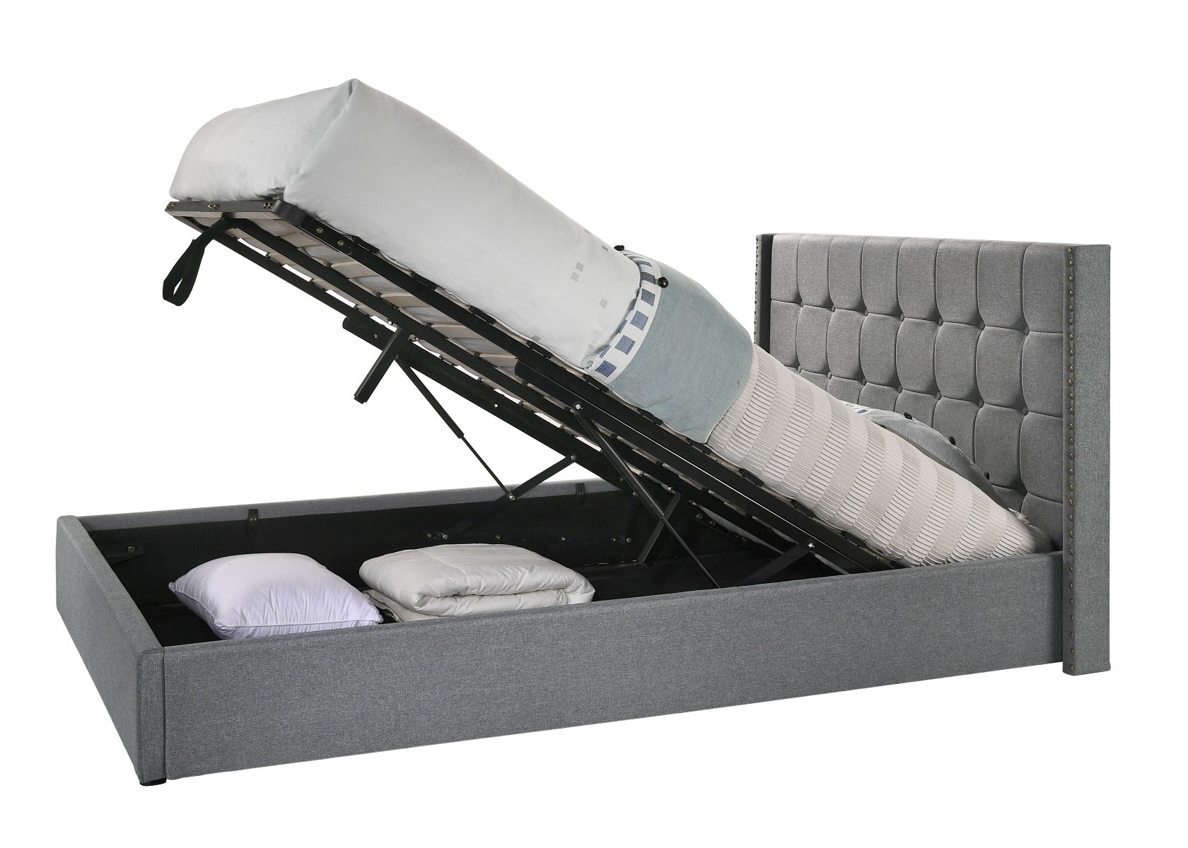 King Sized Winged Fabric Bed Frame with Gas Lift Storage in Light Grey