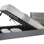 King Sized Winged Fabric Bed Frame with Gas Lift Storage in Light Grey