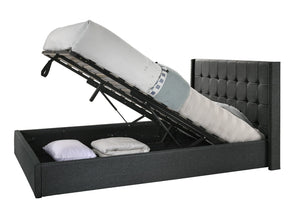 King Sized Winged Fabric Bed Frame with Gas Lift Storage in Charcoal