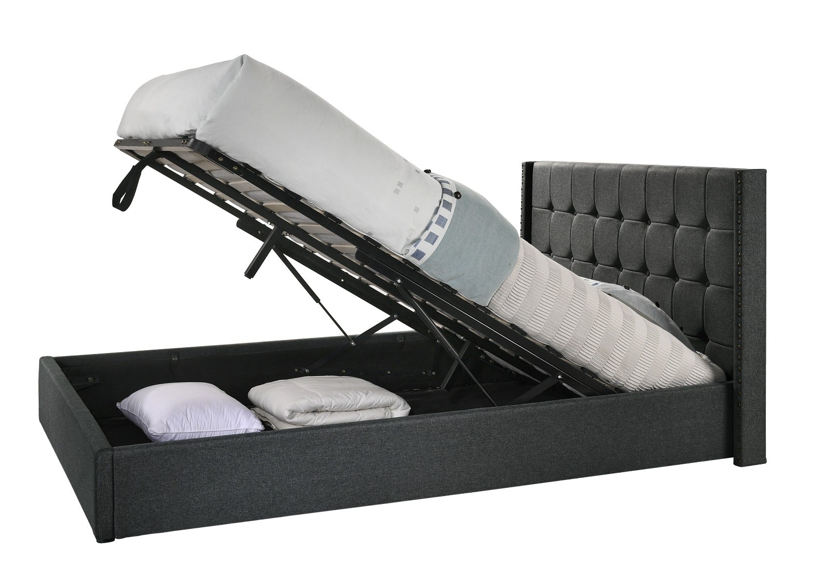 Double Sized Winged Fabric Bed Frame with Gas Lift Storage in Charcoal