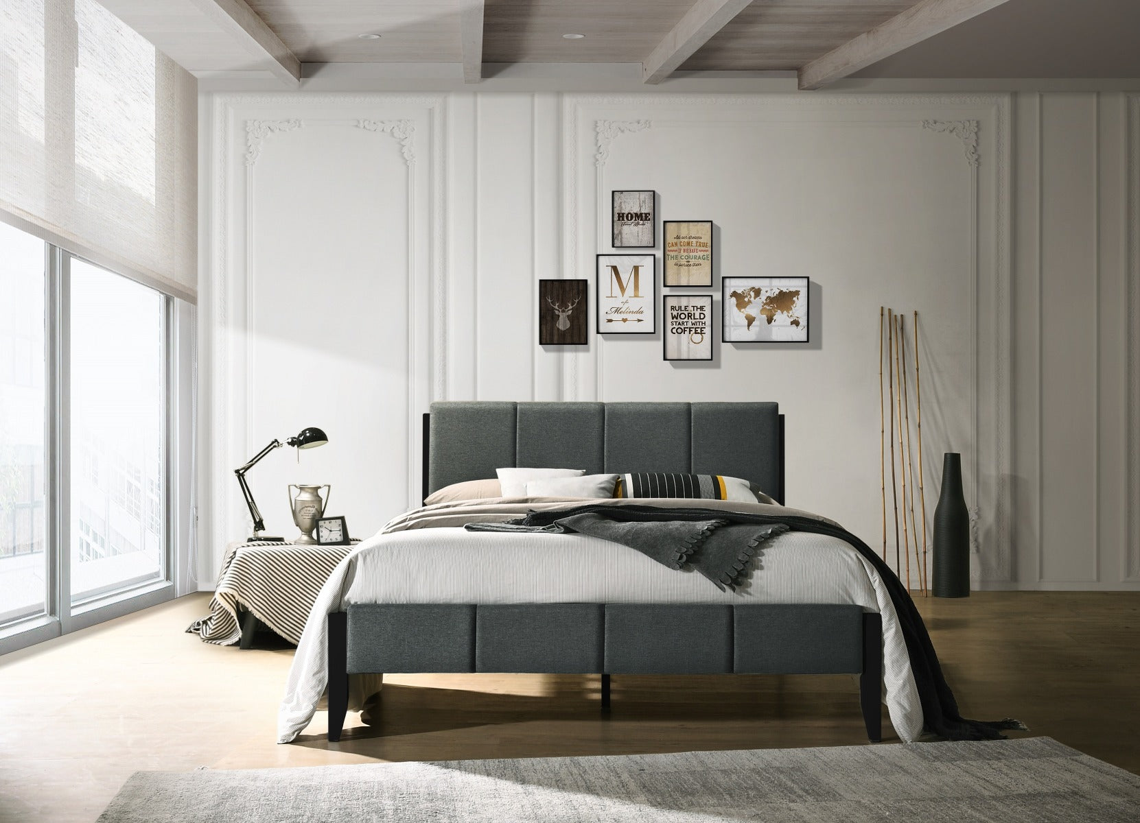 Fabric Upholstered Bed Frame in Charcoal - Queen