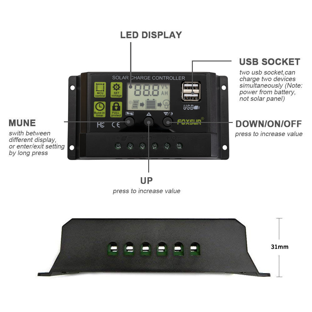 Solar Panel Battery Regulator Charge Controller 12V/24V 20A PWM LCD W/USB