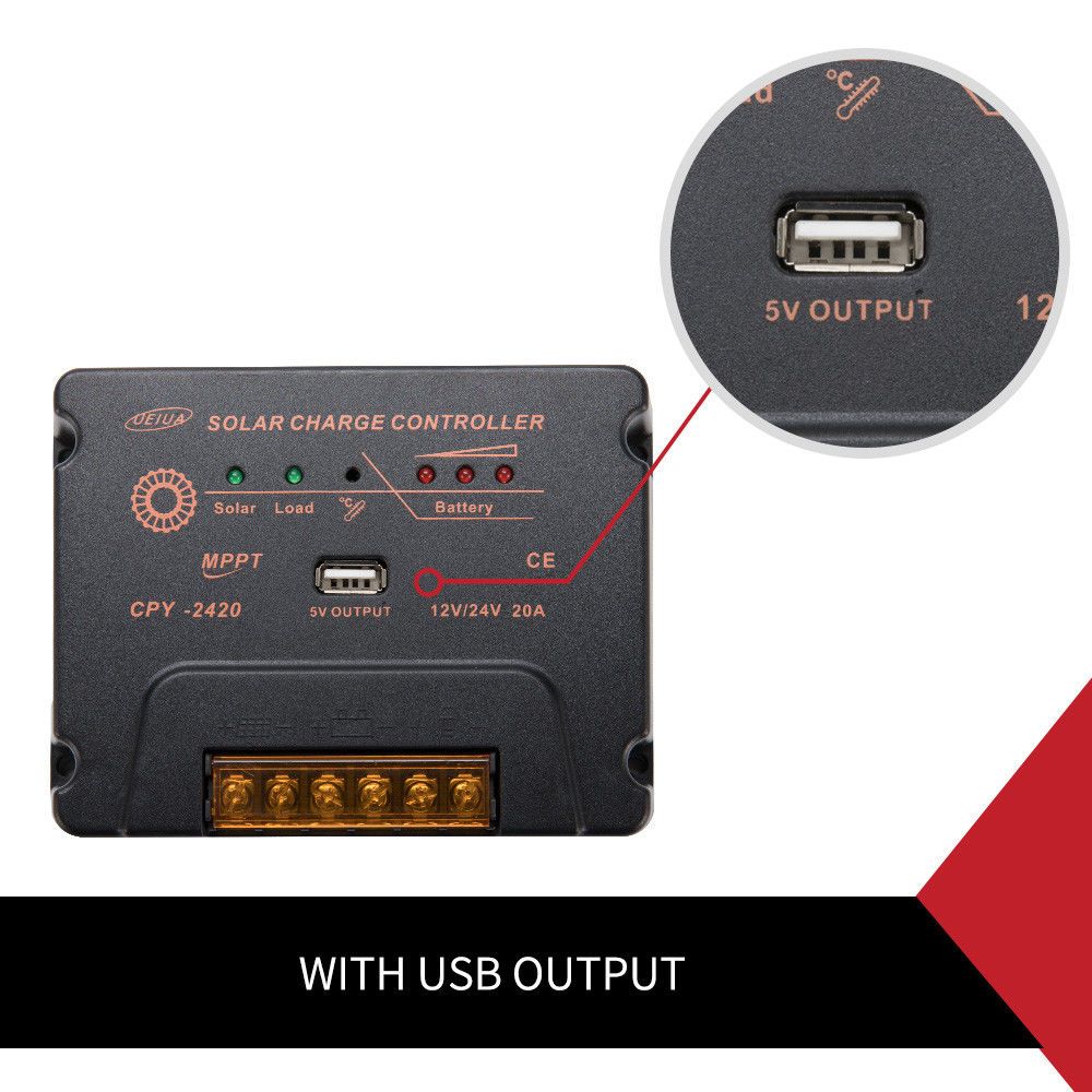 MPPT Solar Charge Controller Solar Panel Battery Regulator 12-24V 20A With USB